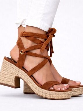 Vince Camuto Roreka Lace-Up Espardrille Wedge Sandals Brown Size 7.5
